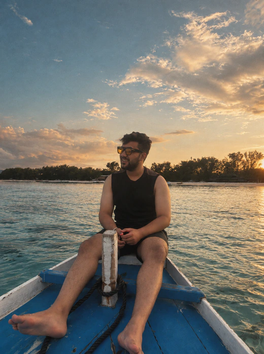 A Bricx teammate sitting on the bow of a boat at sunset