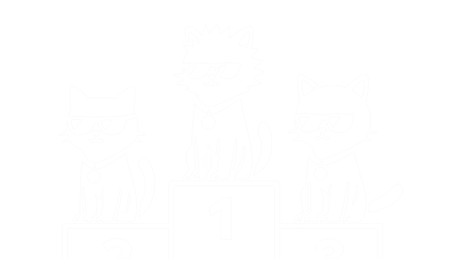 Three illustrated cats in sunglasses standing on a first, second, and third place podium