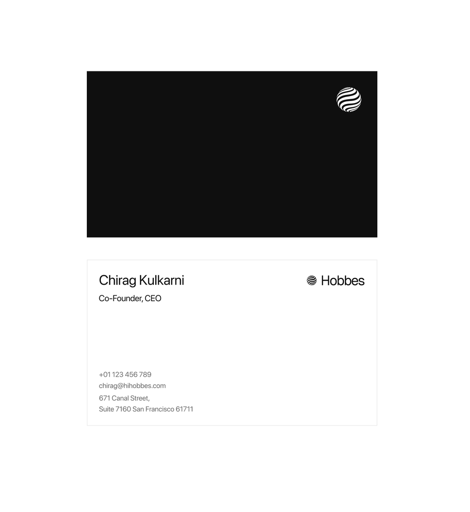 Hobbes business card: a black front with the globe mark, and a white back for Chirag Kulkarni, Co-Founder, CEO