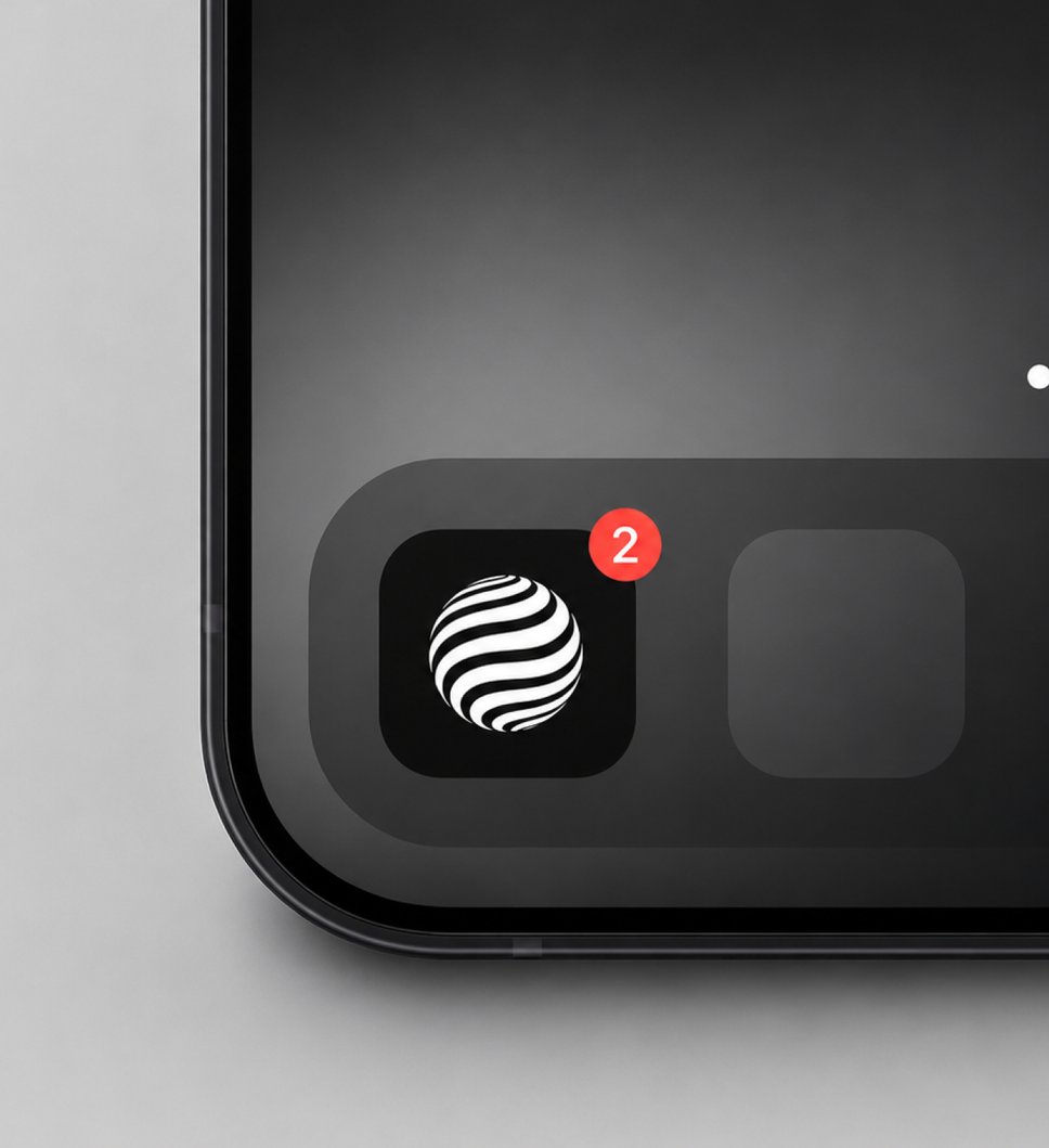 Hobbes app icon, a black-and-white striped globe with a red notification badge, on a phone’s home screen