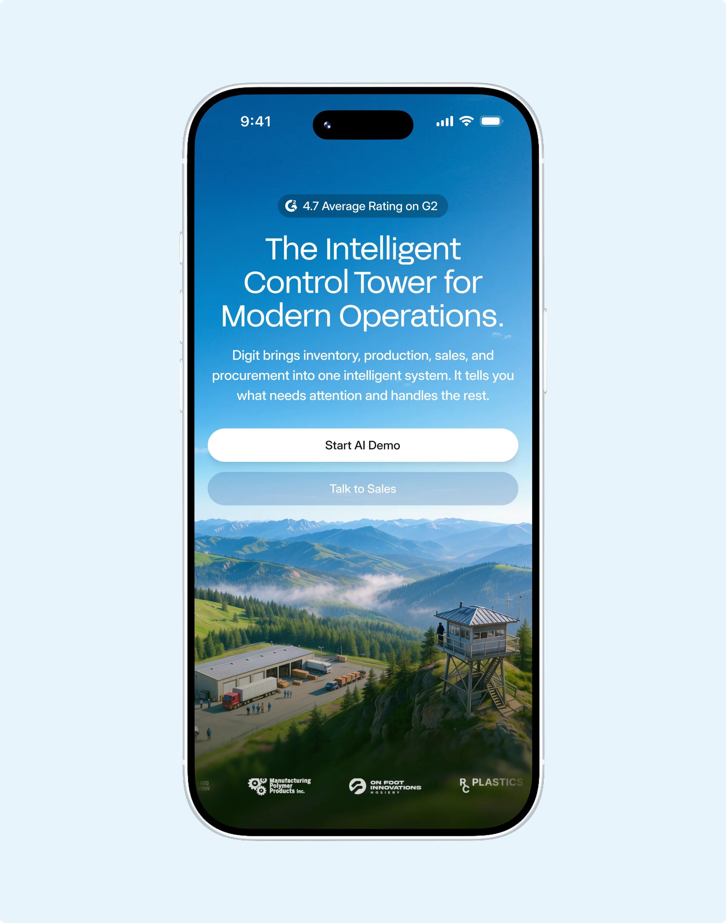 The Digit homepage on an iPhone — “The Intelligent Control Tower for Modern Operations.”