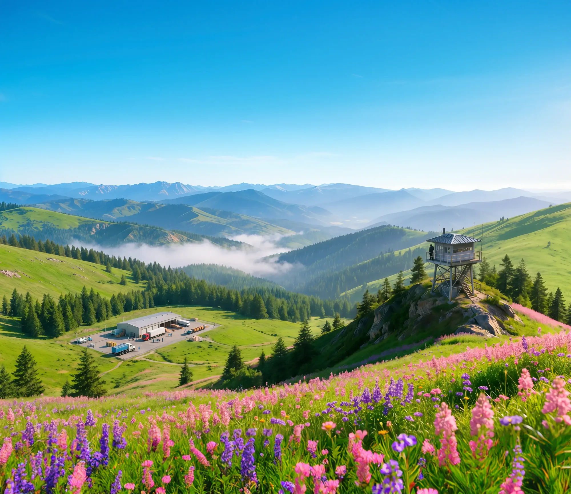 A fire lookout tower on a rocky outcrop above an alpine valley, with a distribution yard on the meadow below