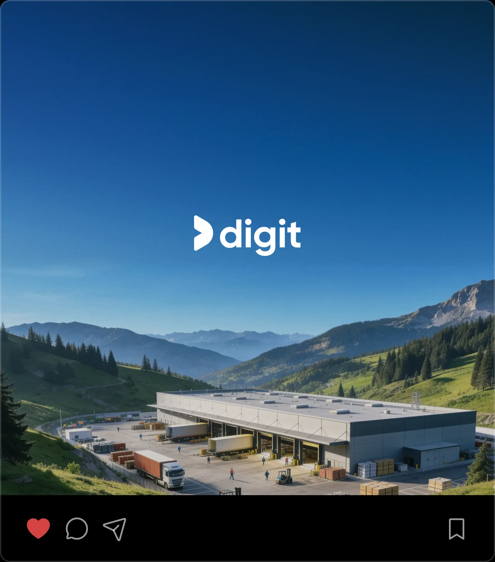 Digit social post — the wordmark over a mountain distribution yard