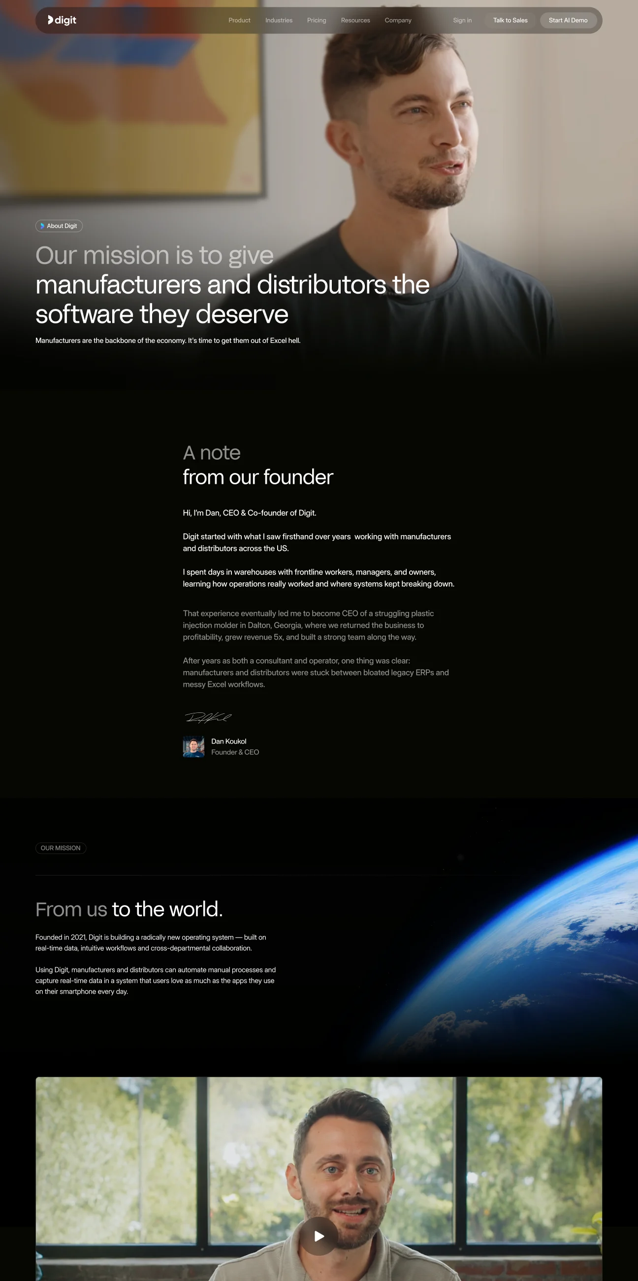 Digit's about page — the mission statement, a note from the founder, and the company film