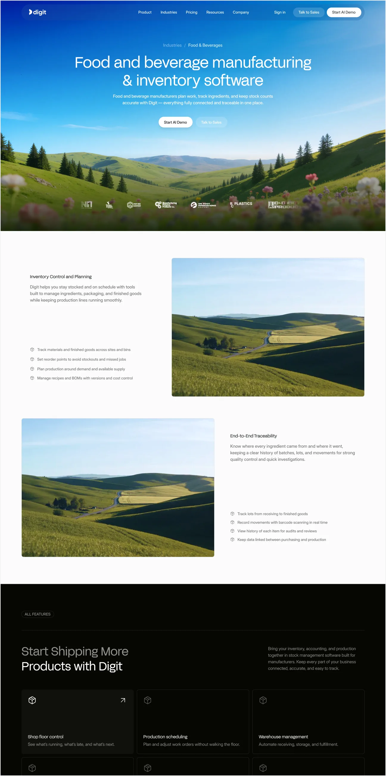 Digit's food and beverage manufacturing page — inventory control and planning, end-to-end traceability, and the full feature grid