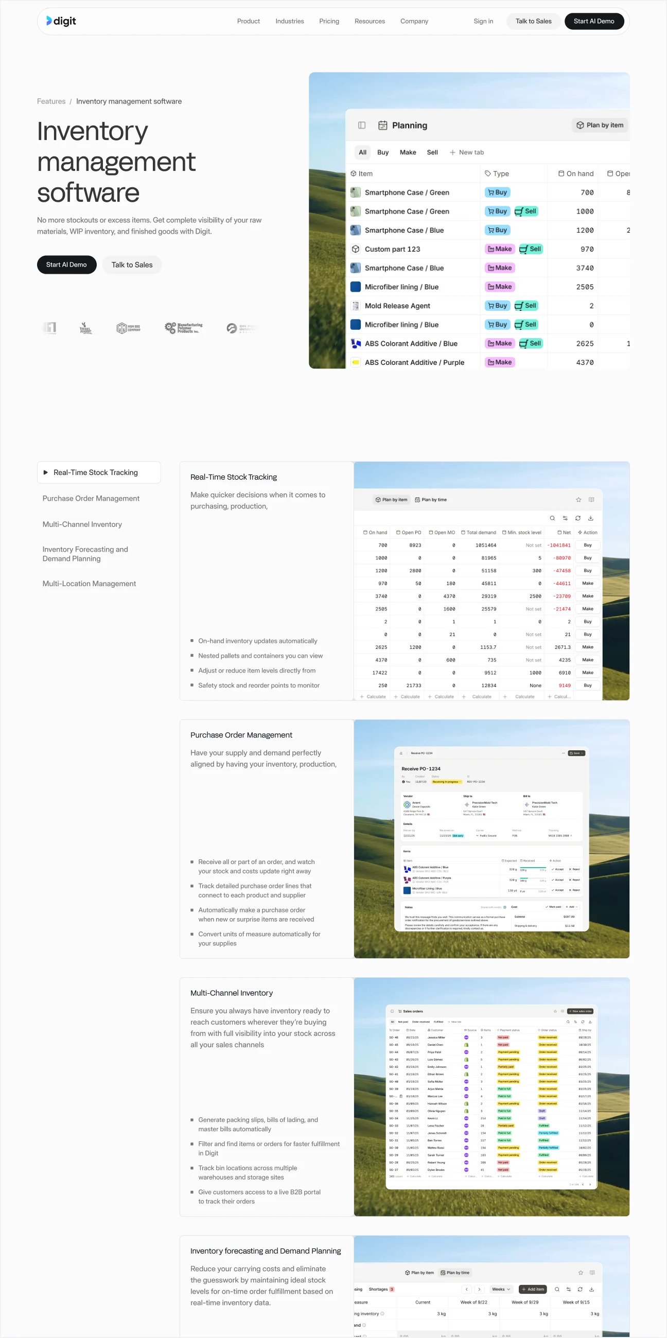 Digit's inventory management software page, with the planning table and feature breakdown