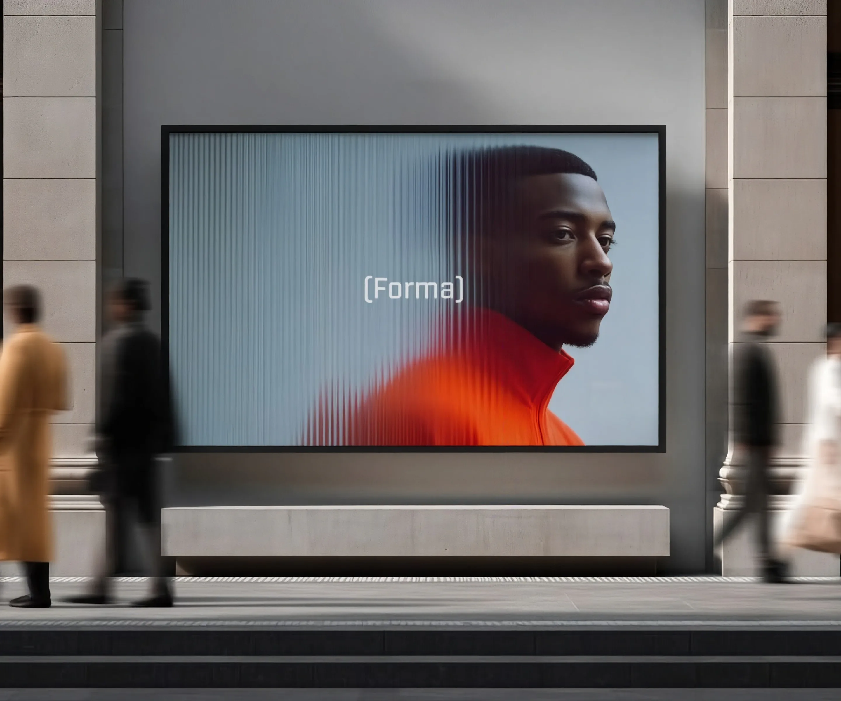 A street-side display screen on a stone facade, with commuters walking past