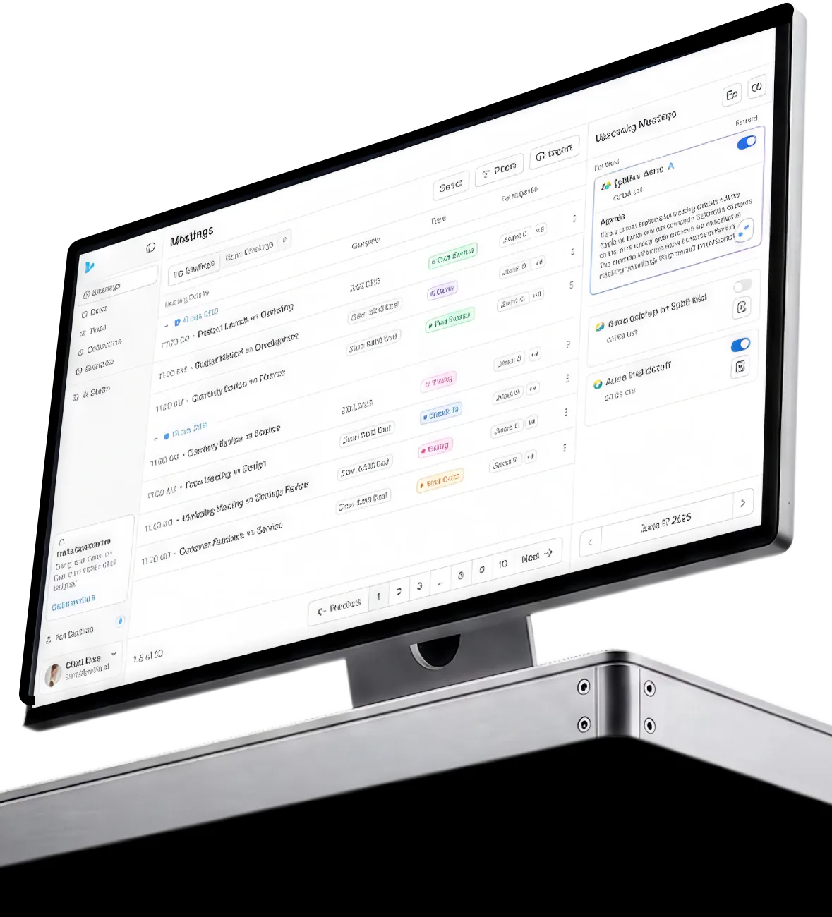 The Sybill meetings dashboard on a desktop monitor, angled up from below