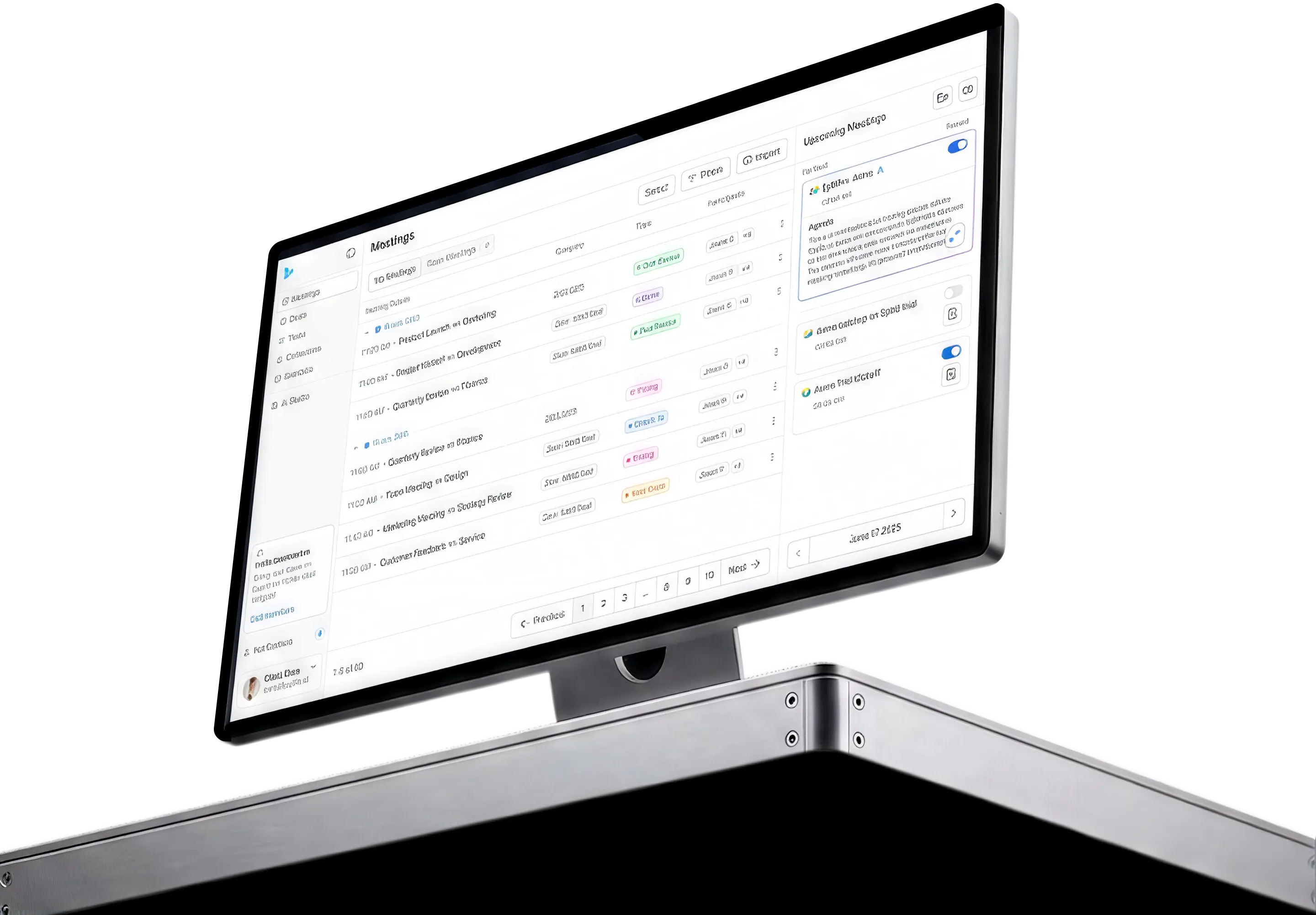 The Sybill meetings dashboard on a desktop monitor, angled up from below