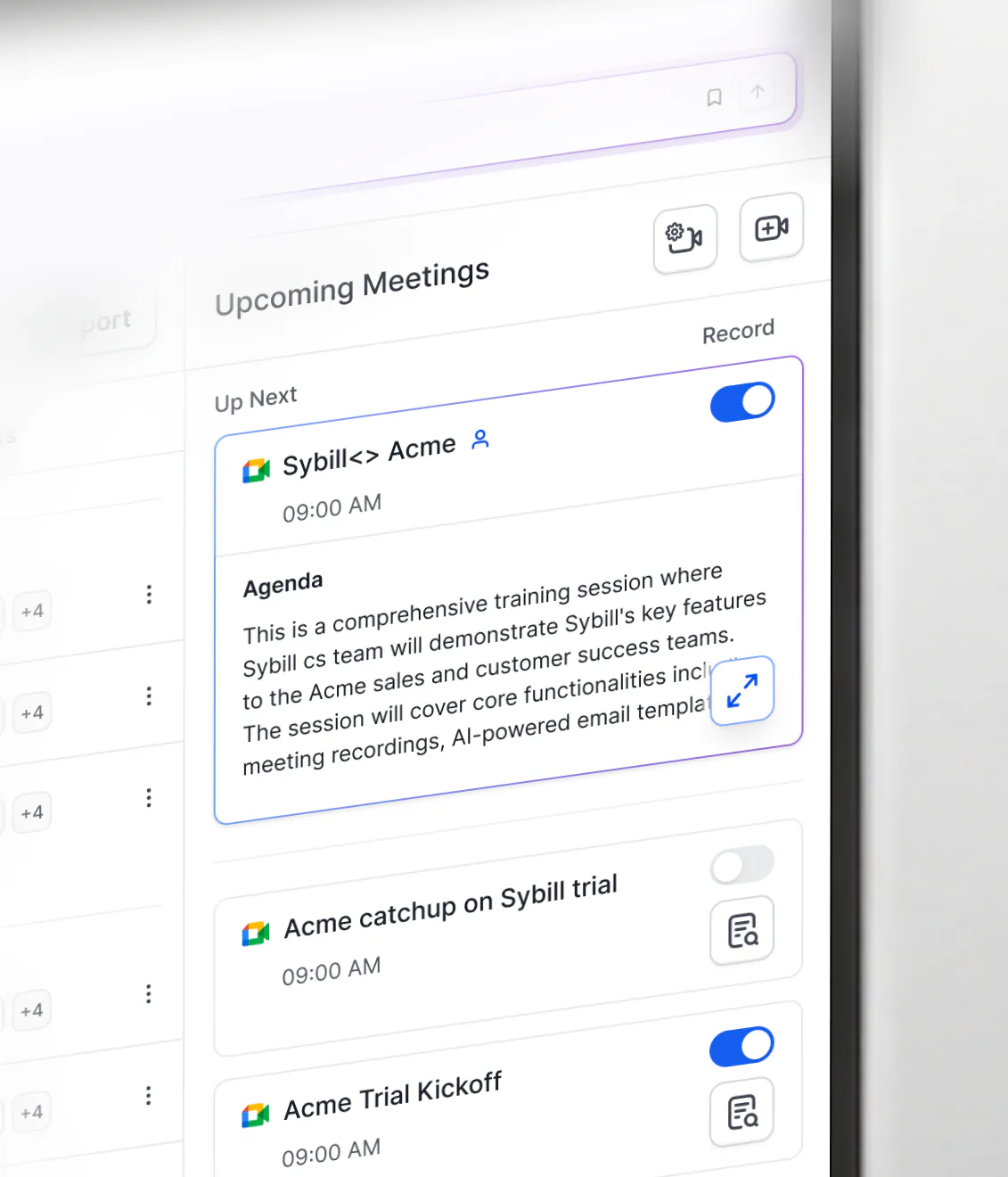 Close-up of Sybill's Upcoming Meetings panel, with the Sybill <> Acme agenda expanded and recording toggled on
