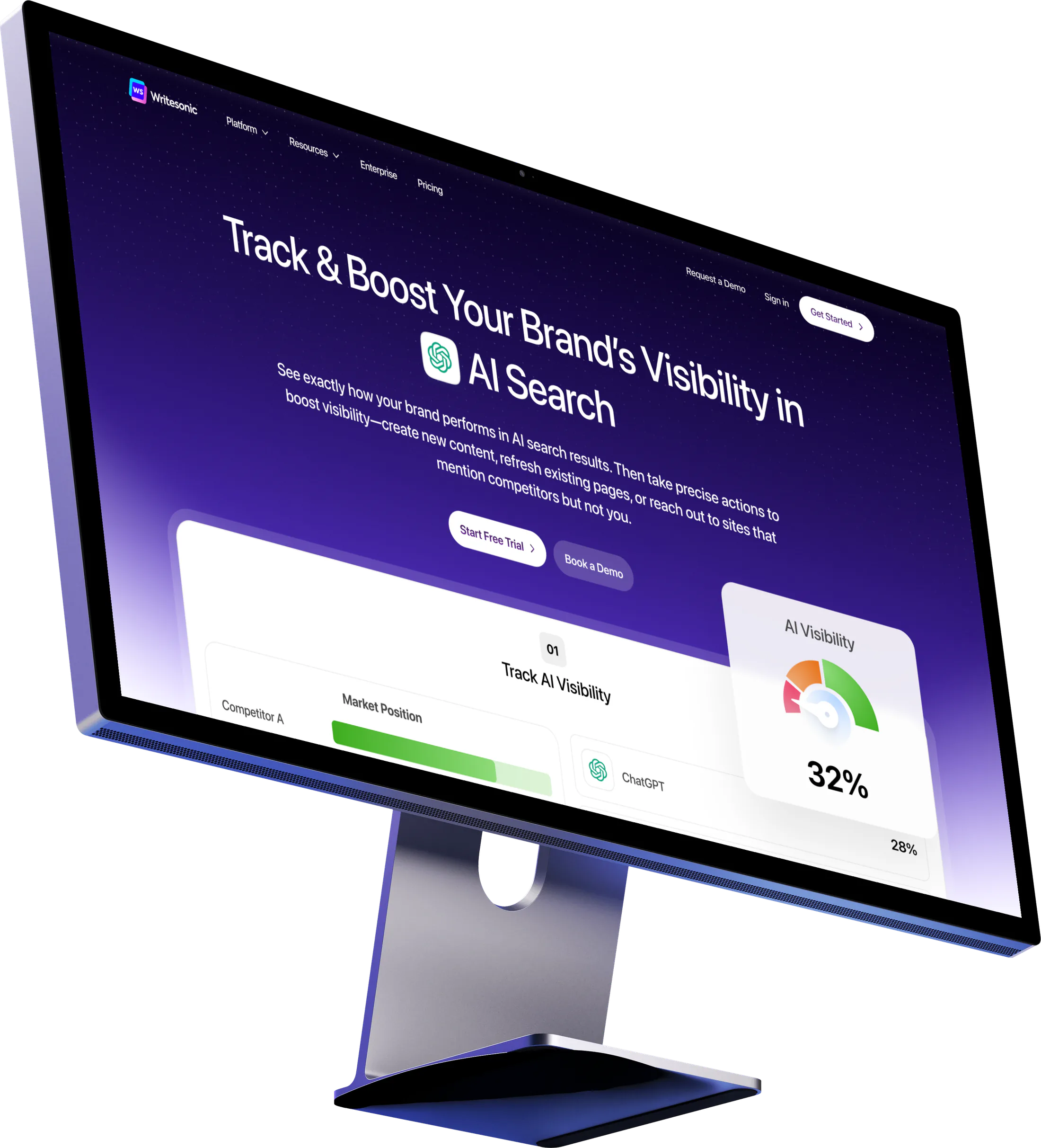 The Writesonic AI visibility homepage on a desktop monitor, standing on a soft purple cushion