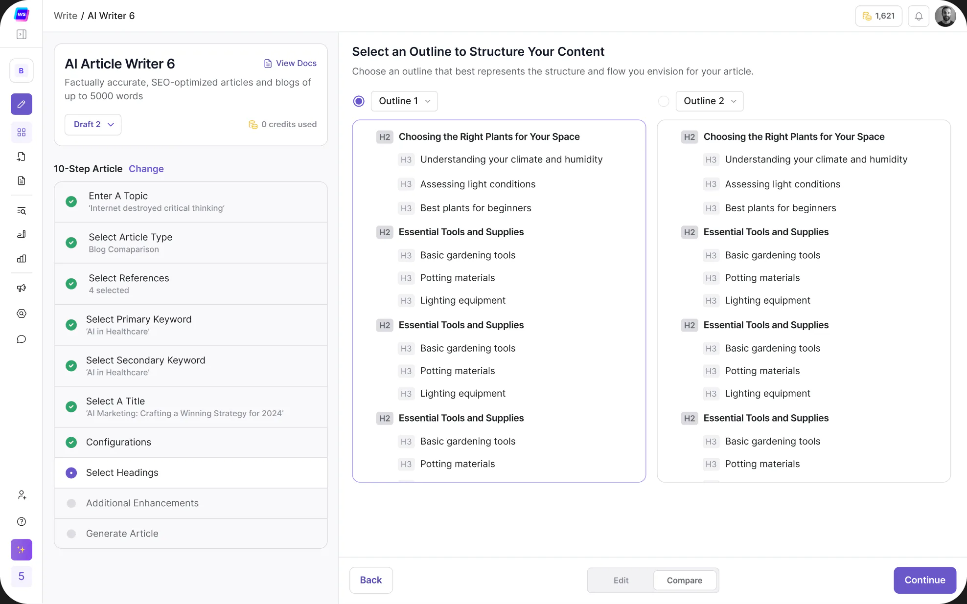 AI Article Writer: choosing an outline to structure an article