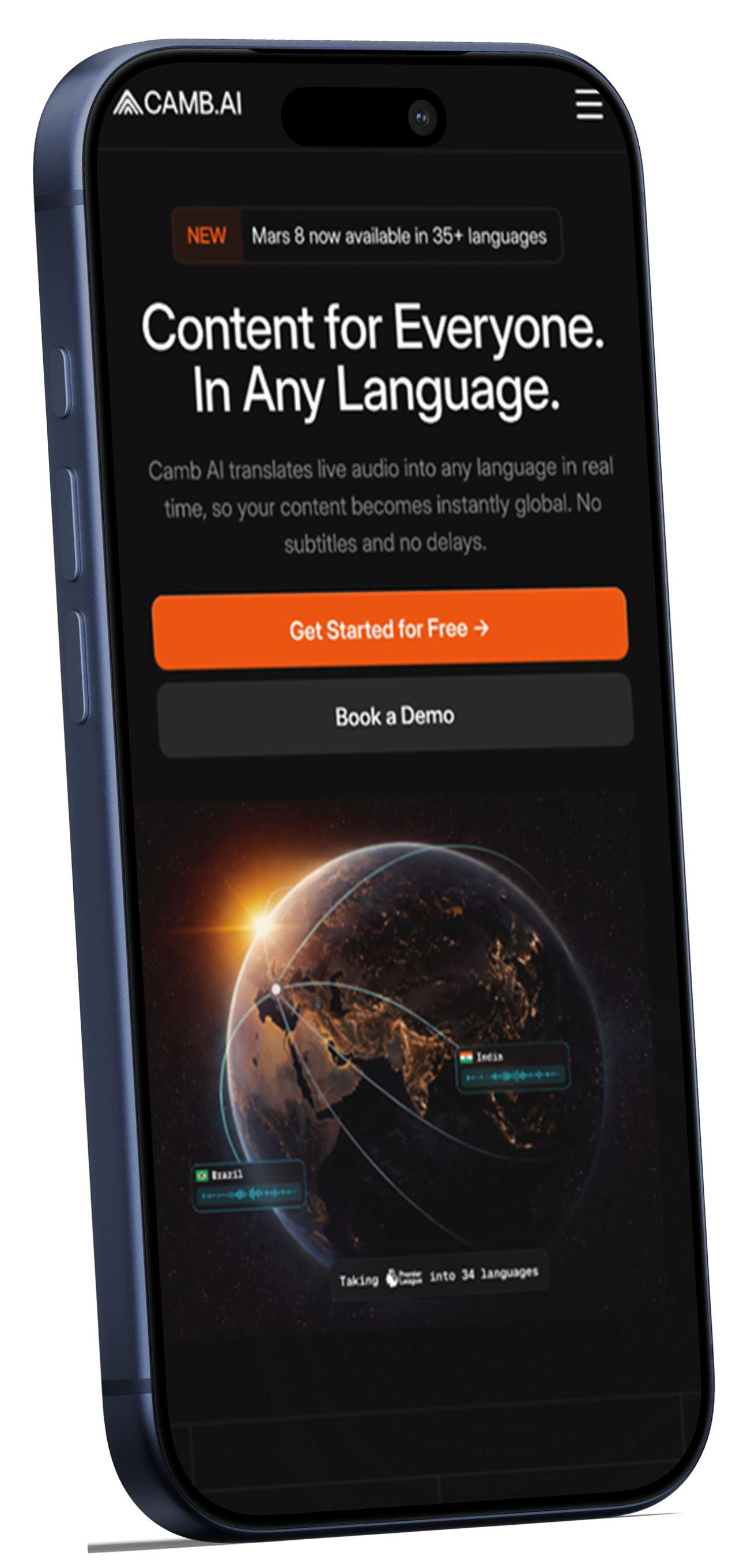 The Camb AI website shown on a phone