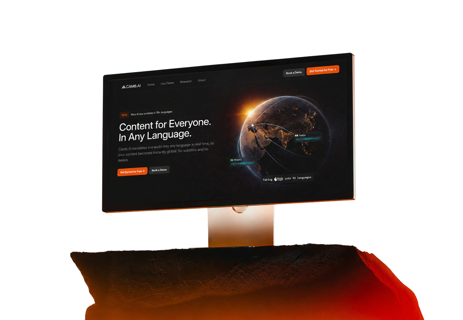 Camb AI marketing website displayed on a monitor