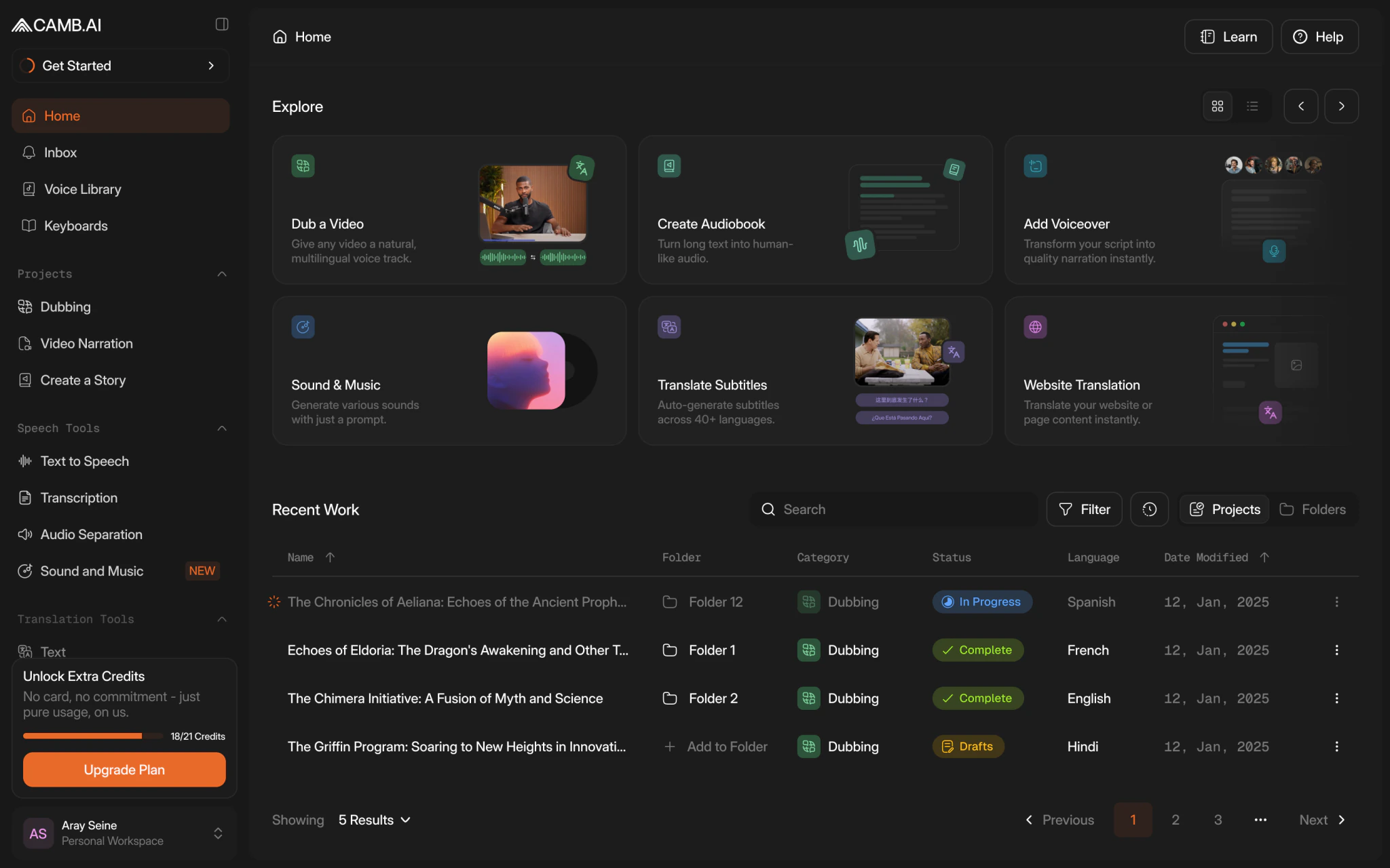 Camb AI product screen