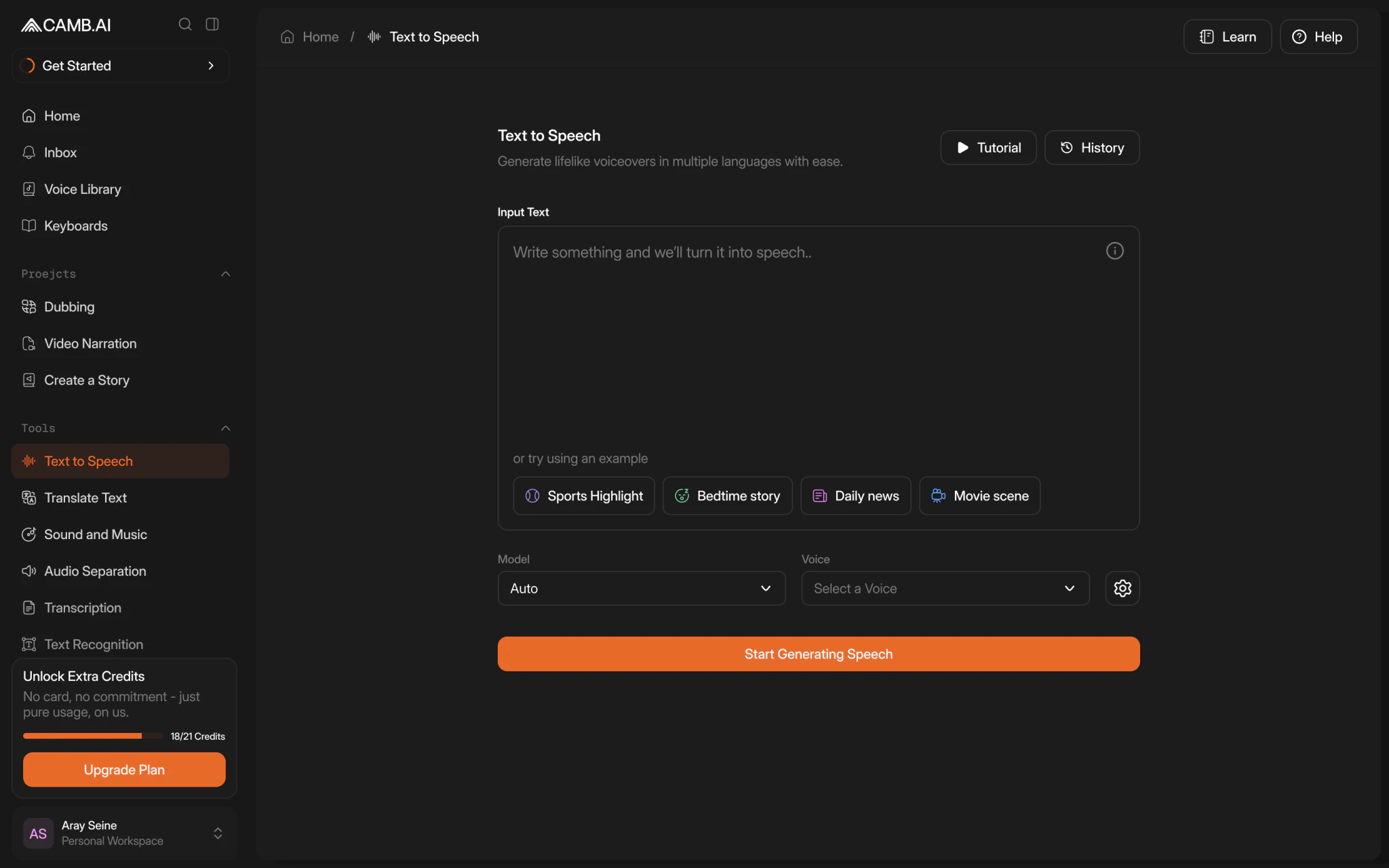 Camb AI product screen