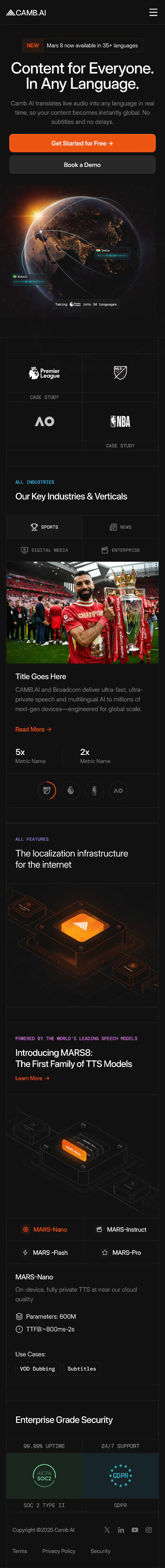 Camb AI website — mobile