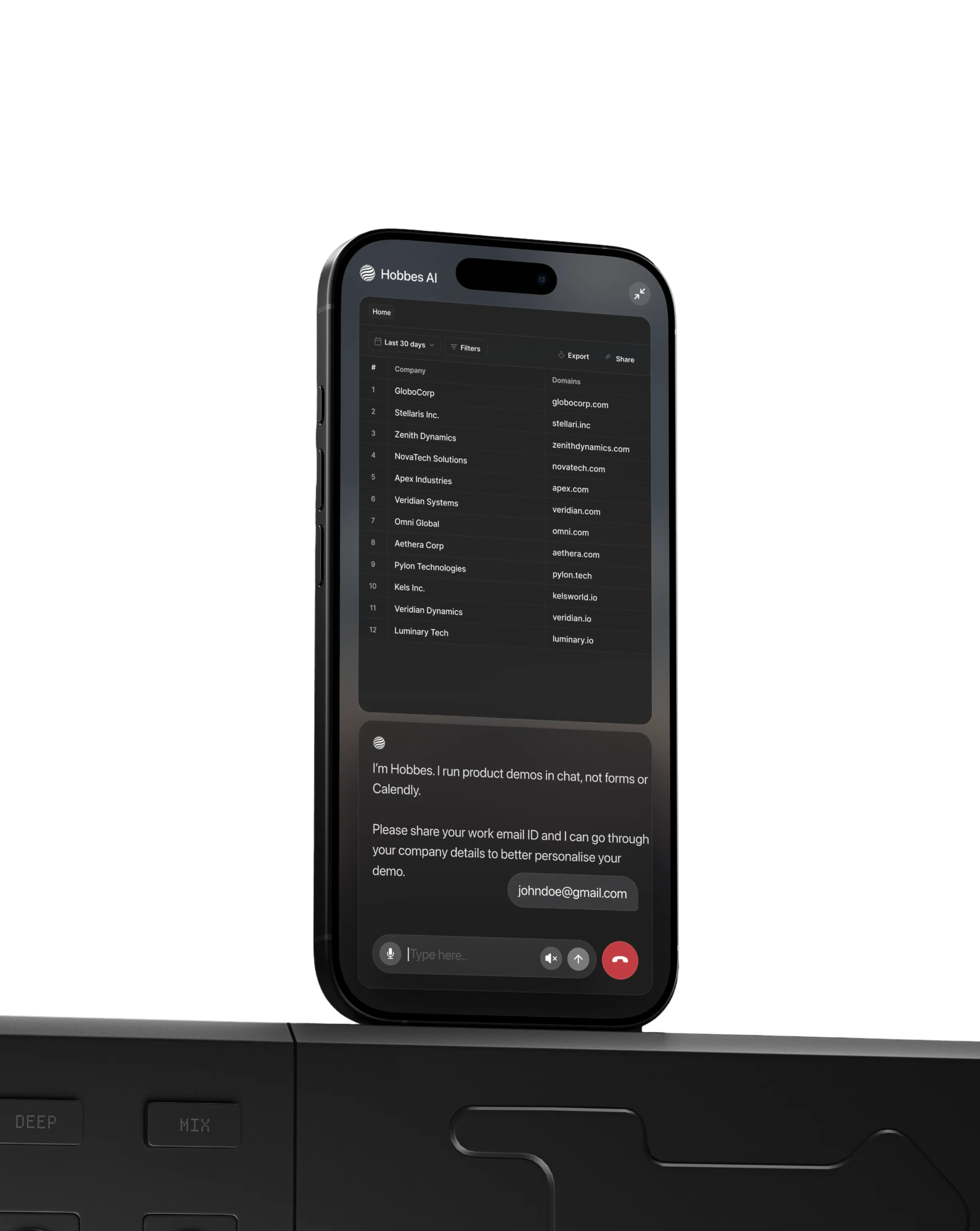 The Hobbes AI chat interface shown on a phone