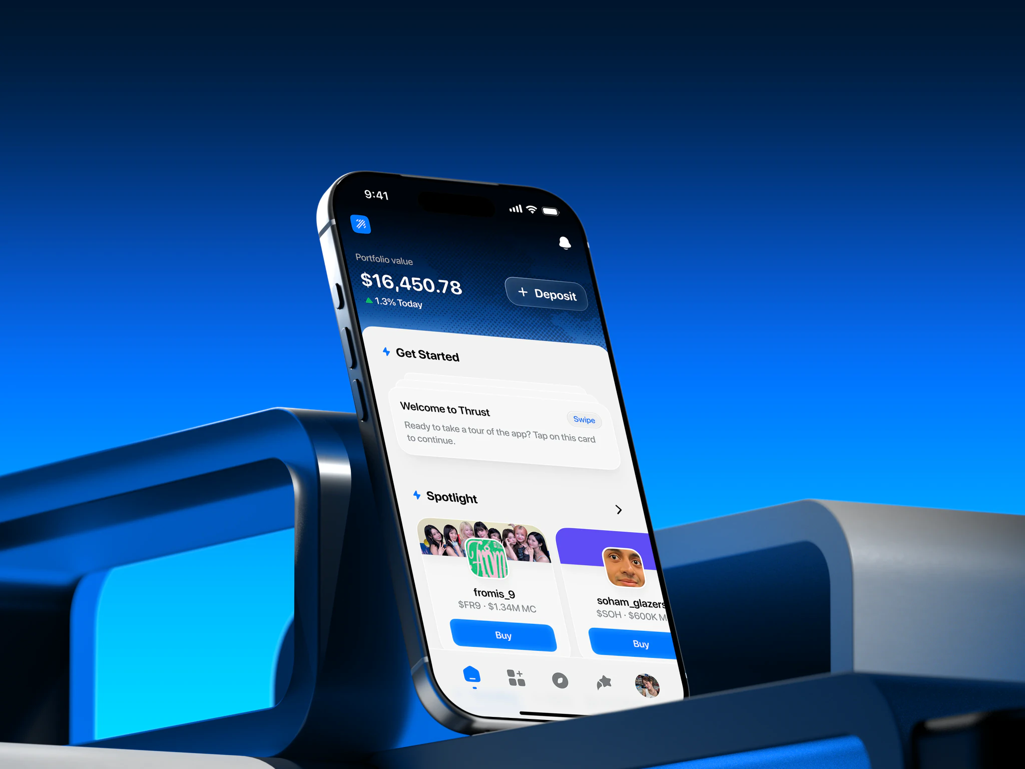 The Thrust app open on an iPhone, floating over a blue 3D scene