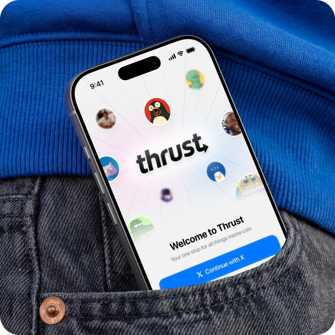 An iPhone in a jeans pocket showing the Thrust welcome screen