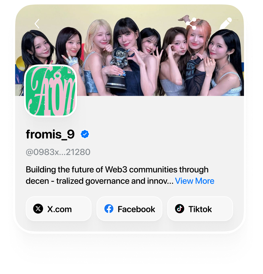 fromis_9 community profile card with bio and X.com, Facebook and TikTok links