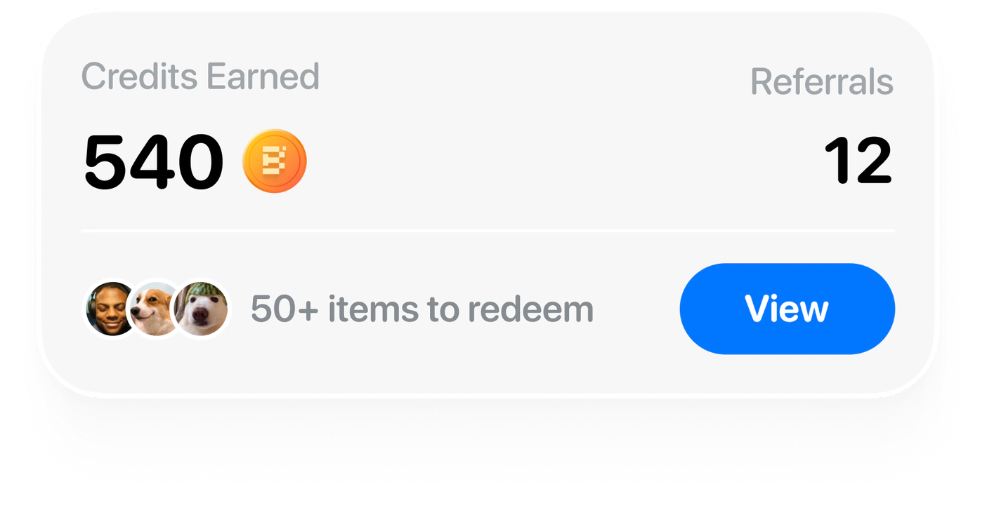 Credits Earned 540 and 12 referrals, with 50+ items to redeem
