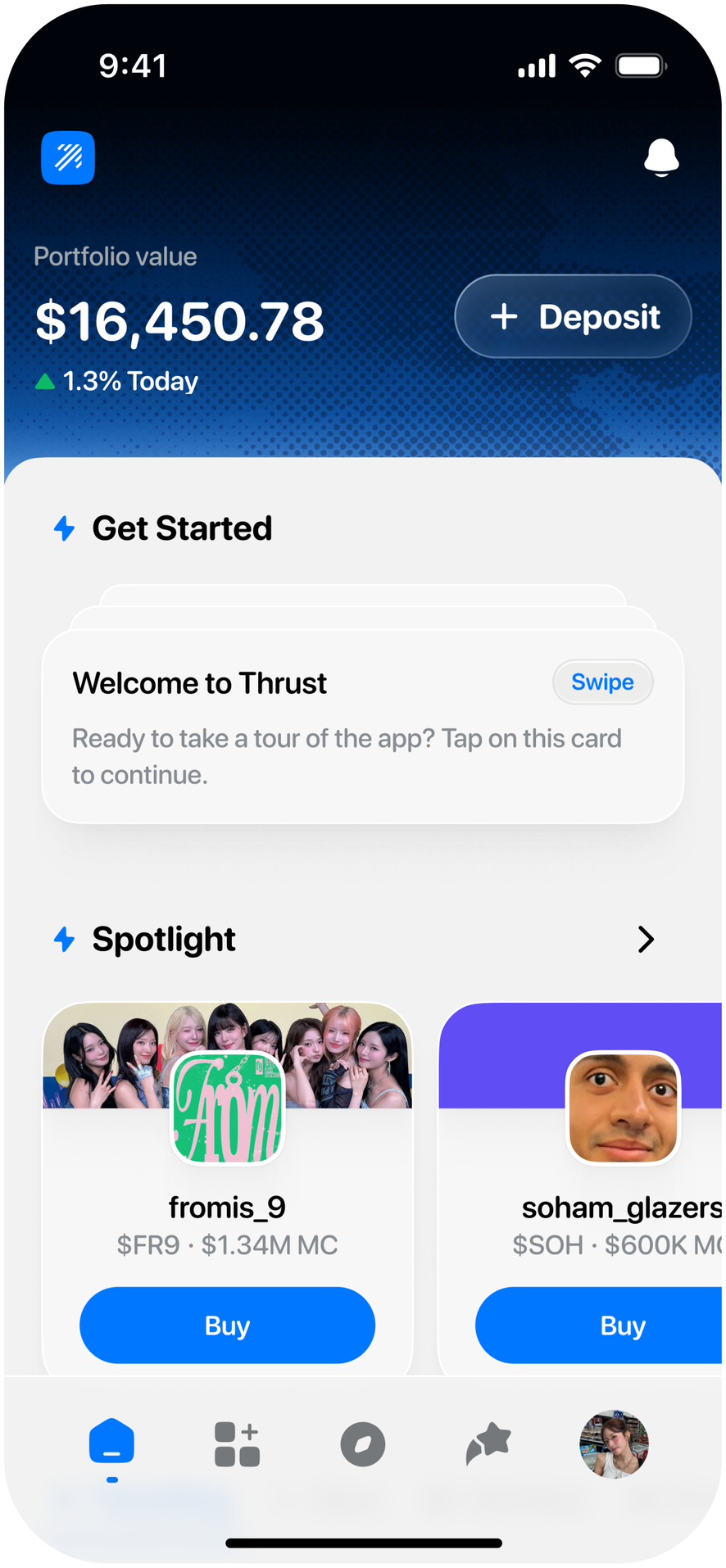 Thrust home screen: portfolio value $16,450.78, Deposit, Get Started and the Spotlight rail