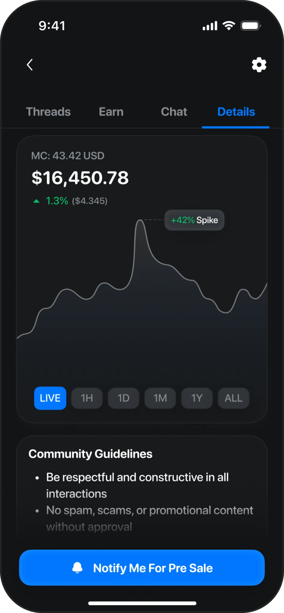 Token detail screen — market cap 43.42 USD, $16,450.78, up 1.3%, with a +42% spike on the chart