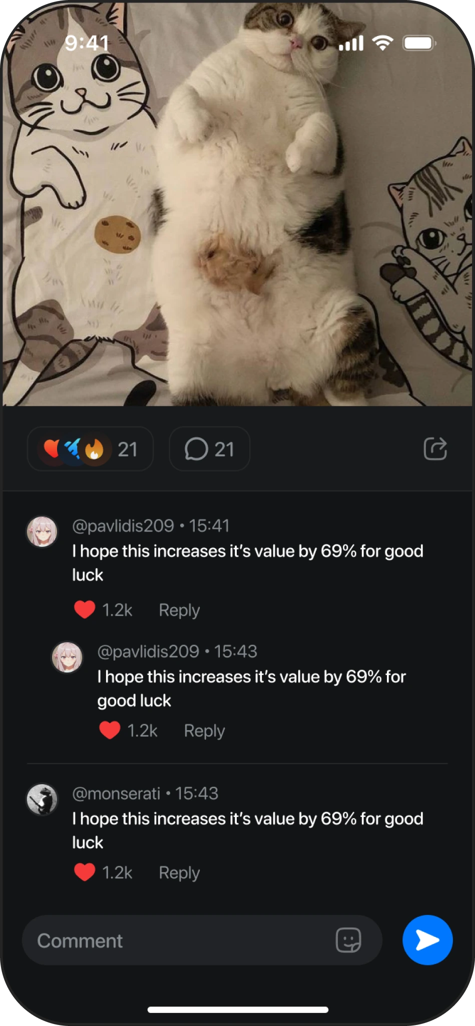 Comment thread on a governance proposal, with likes and a comment composer