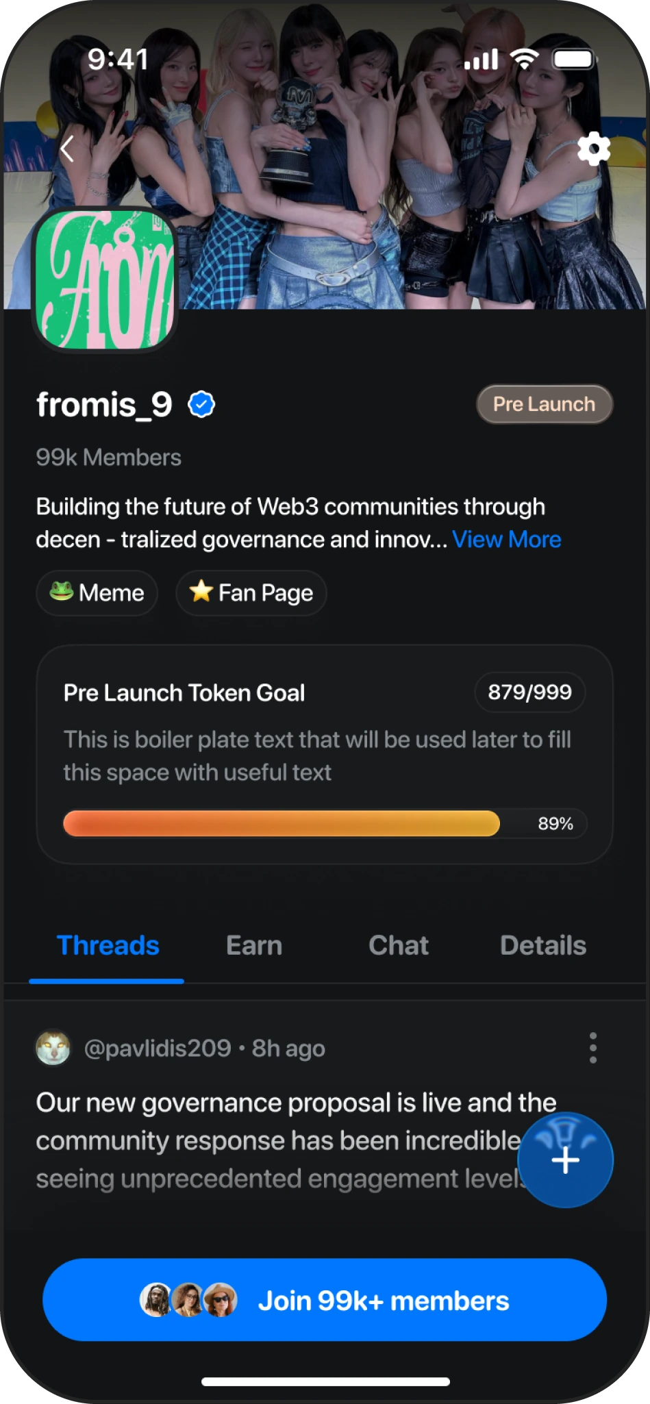 fromis_9 community — 99k members, pre-launch token goal at 879 of 999, Join 99k+ members