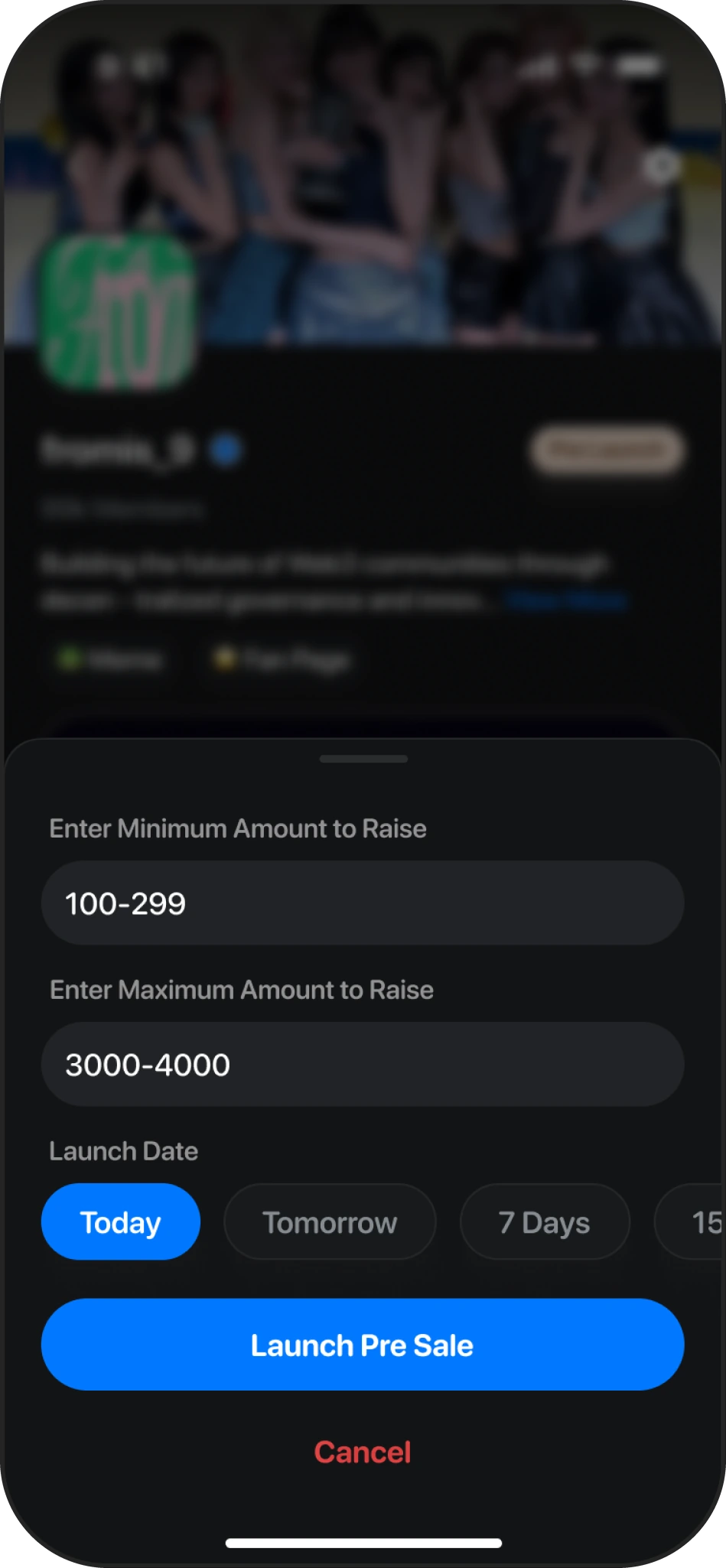 Thrust pre-sale setup — minimum and maximum amount to raise, launch date, Launch Pre Sale