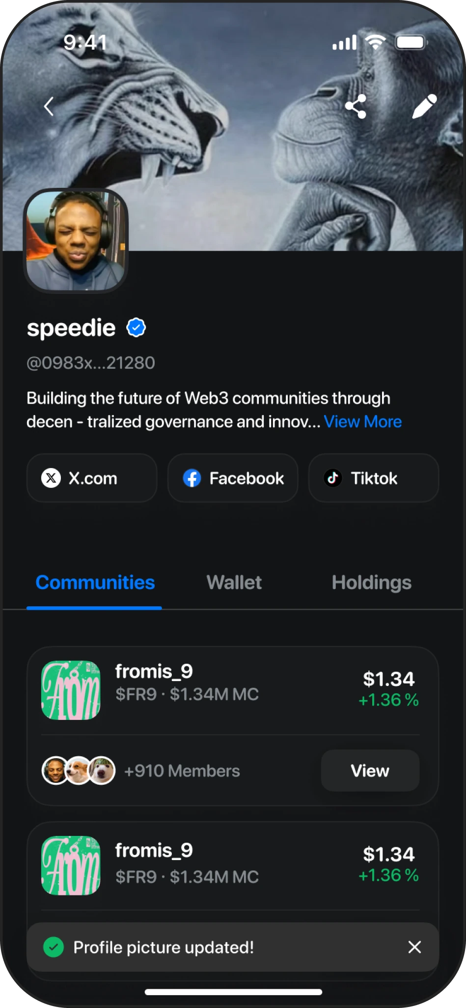 speedie's creator profile with bio and X.com, Facebook and TikTok links