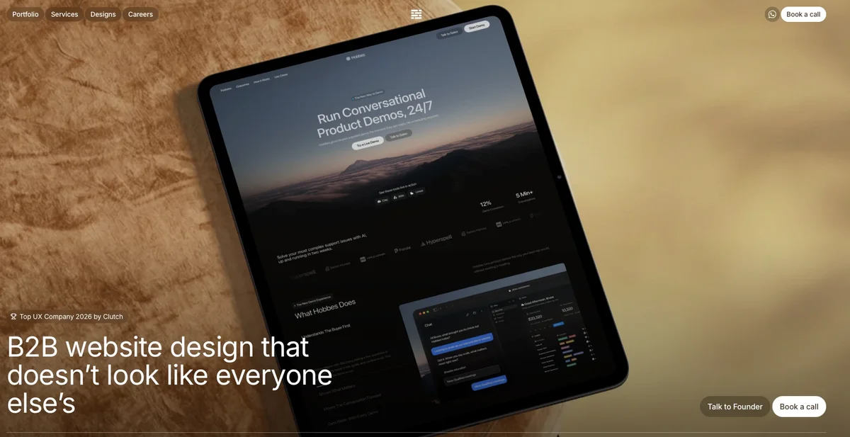 Bricx B2B website design page, “B2B website design that doesn’t look like everyone else’s”, showing its Hobbes site build