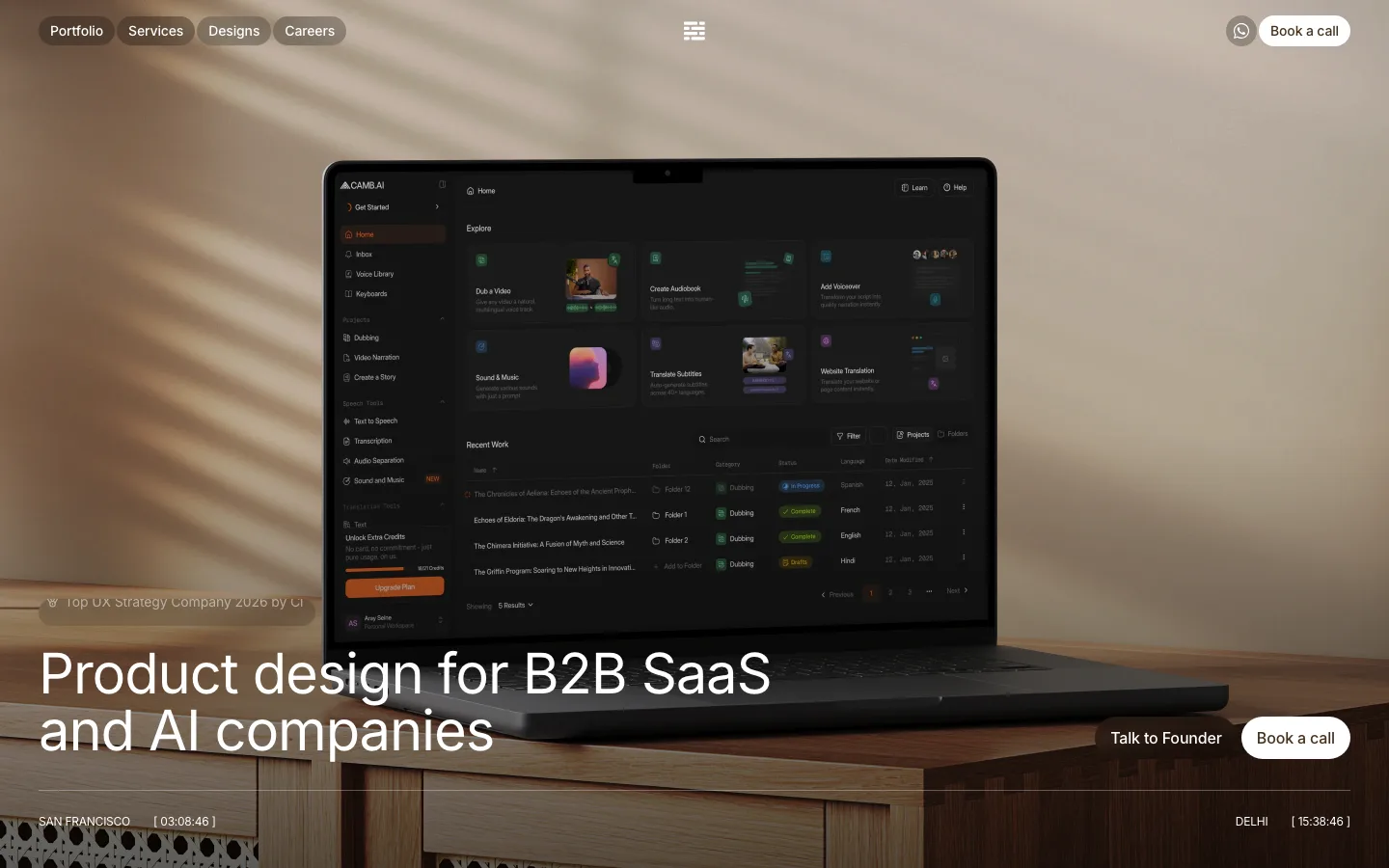 Bricx product design page: “Product design for B2B SaaS and AI companies”, with the CAMB.AI product on a laptop