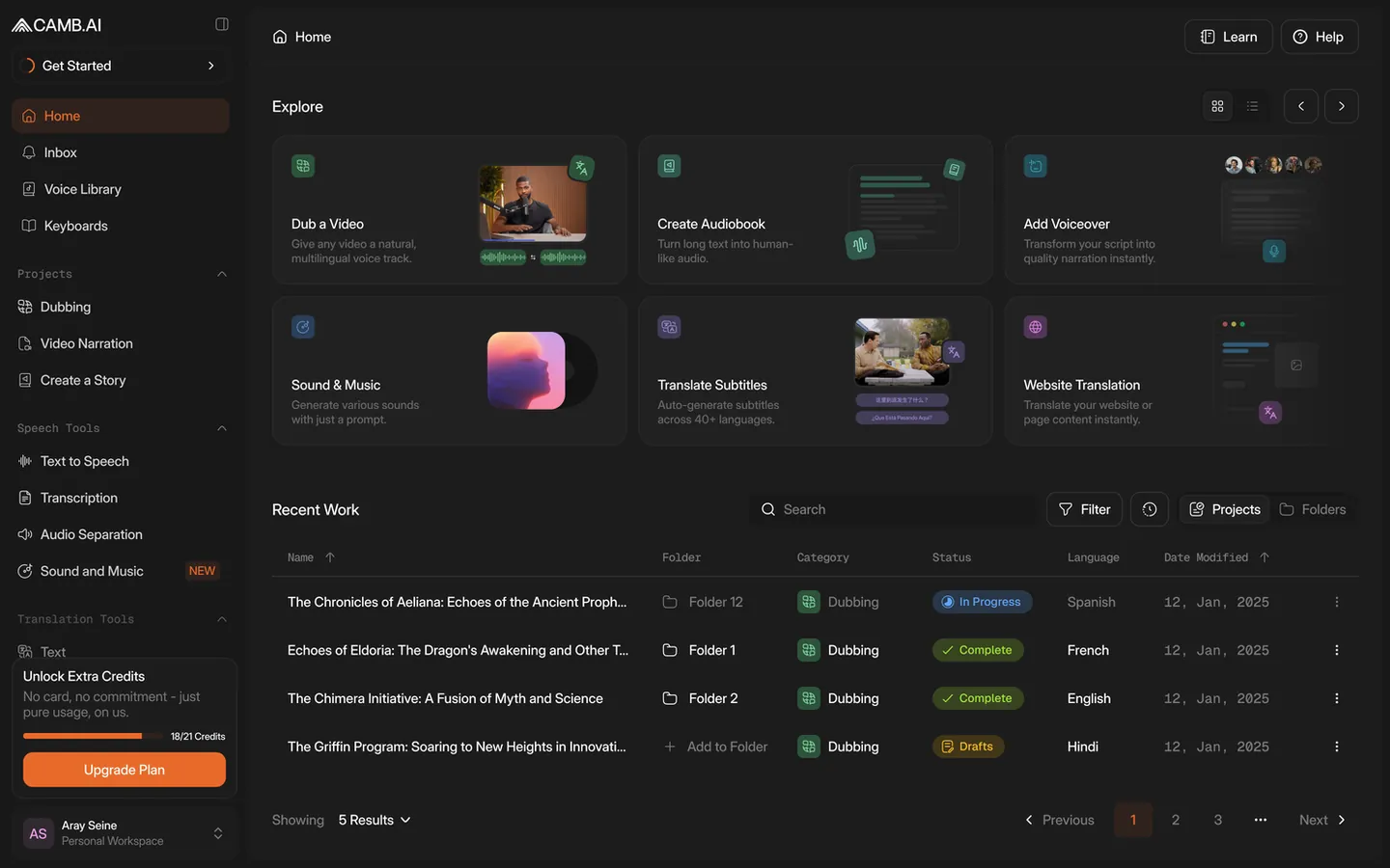 UI design of the CAMB.AI dubbing and translation studio