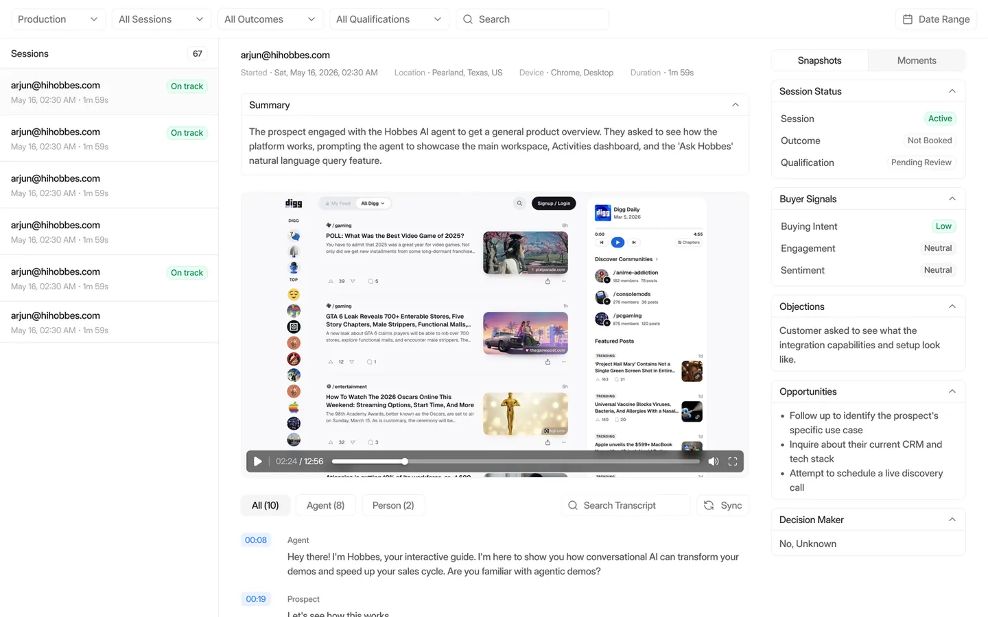 UI/UX design of a Hobbes AI demo session review