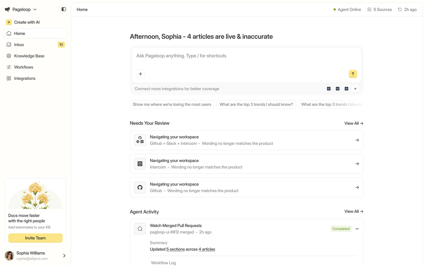 UX redesign of Pageloop's AI knowledge base home screen