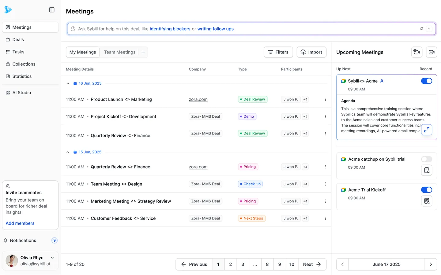 UX design of Sybill's AI meetings dashboard
