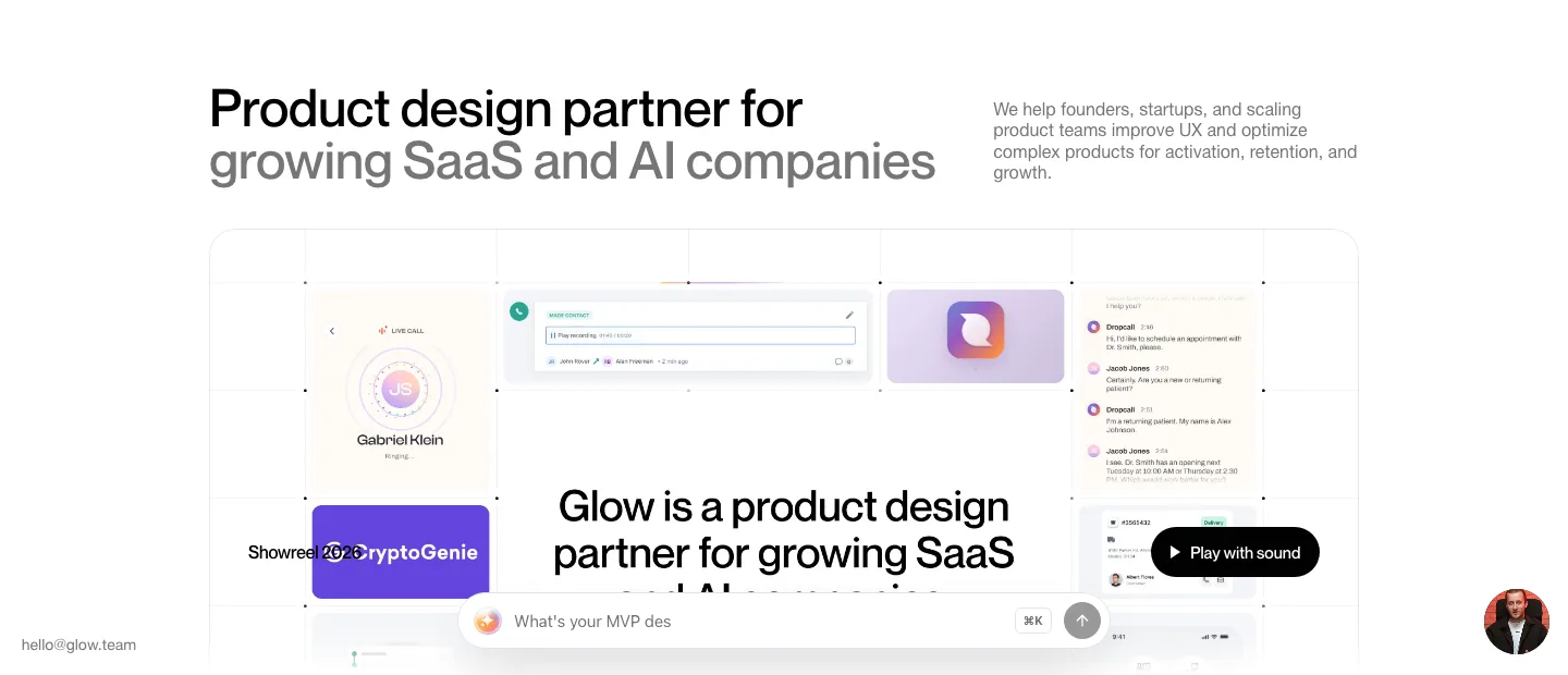 Glow homepage: “Product design partner for growing SaaS and AI companies”, with product screens from client work