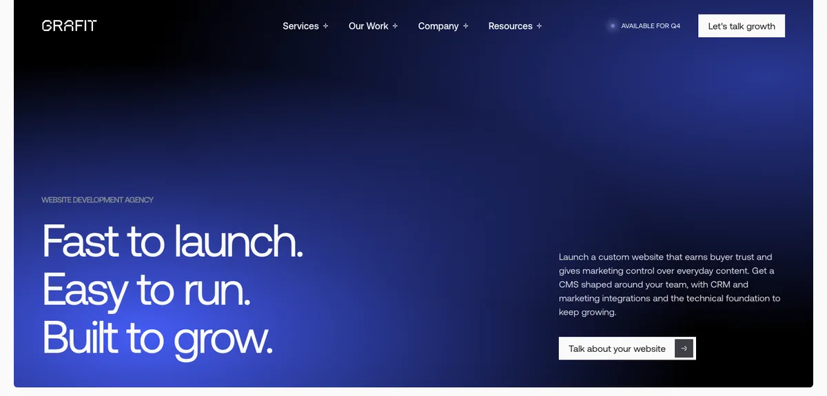 Grafit website development page: “Fast to launch. Easy to run. Built to grow.”, pitching CMS-led custom sites