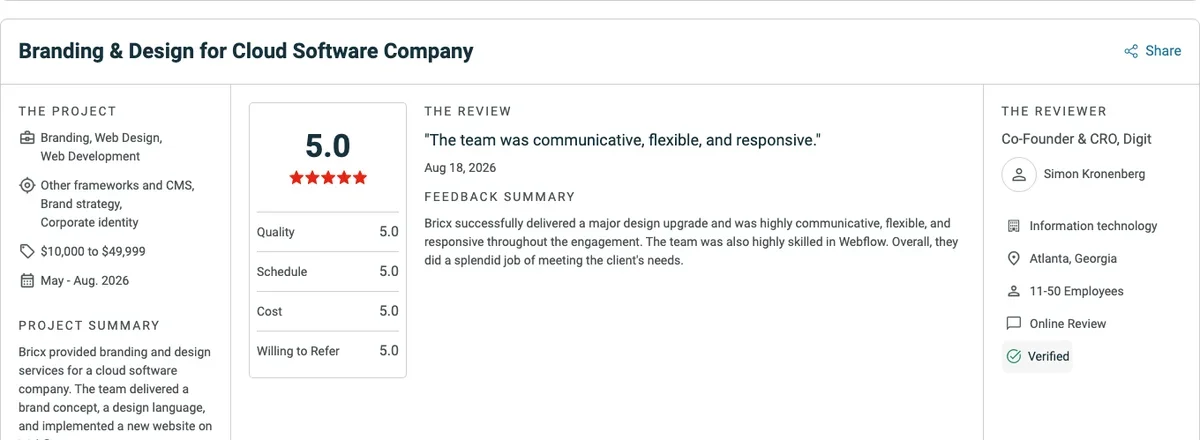 Clutch review of Bricx from Digit's Co-Founder and CRO, rated 5.0 for branding, web design and web development