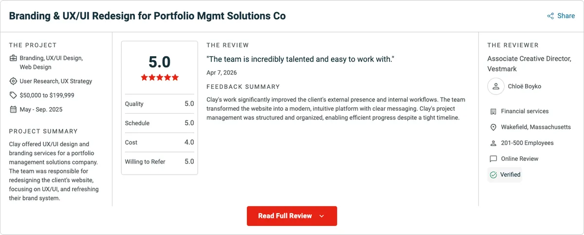 Clutch review of Clay by Vestmark's Associate Creative Director, rated 5.0 for a branding and website redesign