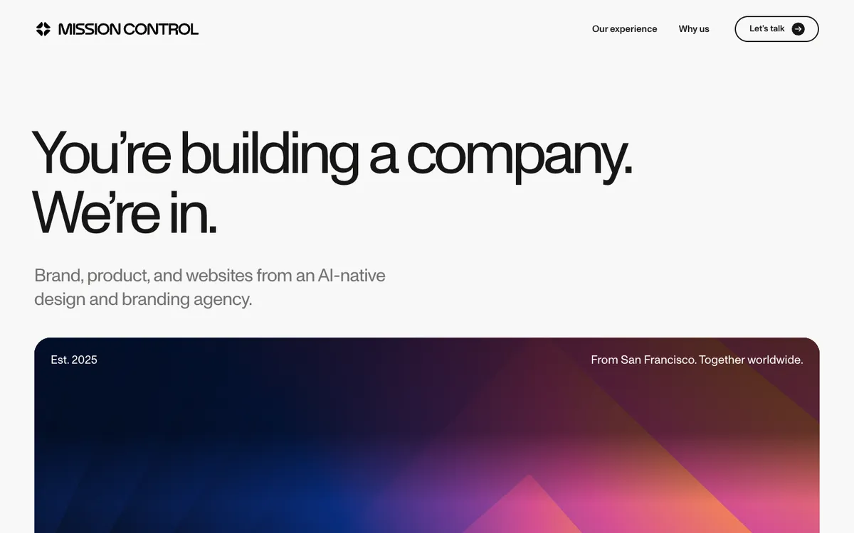 Mission Control homepage hero for an AI-native design and branding agency, with an Est. 2025 label