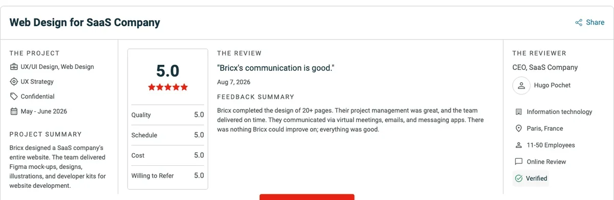 Clutch review of Bricx from Hugo Pochet, CEO of a SaaS company, rated 5.0 for UX/UI and web design
