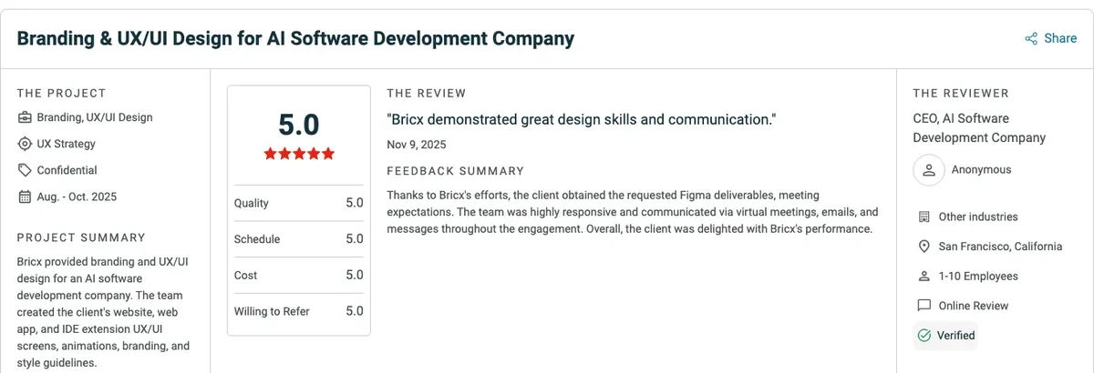 Clutch review of Bricx from the CEO of an AI software development company, rated 5.0 for branding and UX/UI design