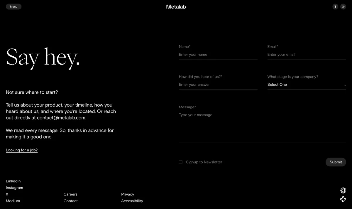 Metalab's contact form asking for name, email, how you heard about Metalab, company stage and a message