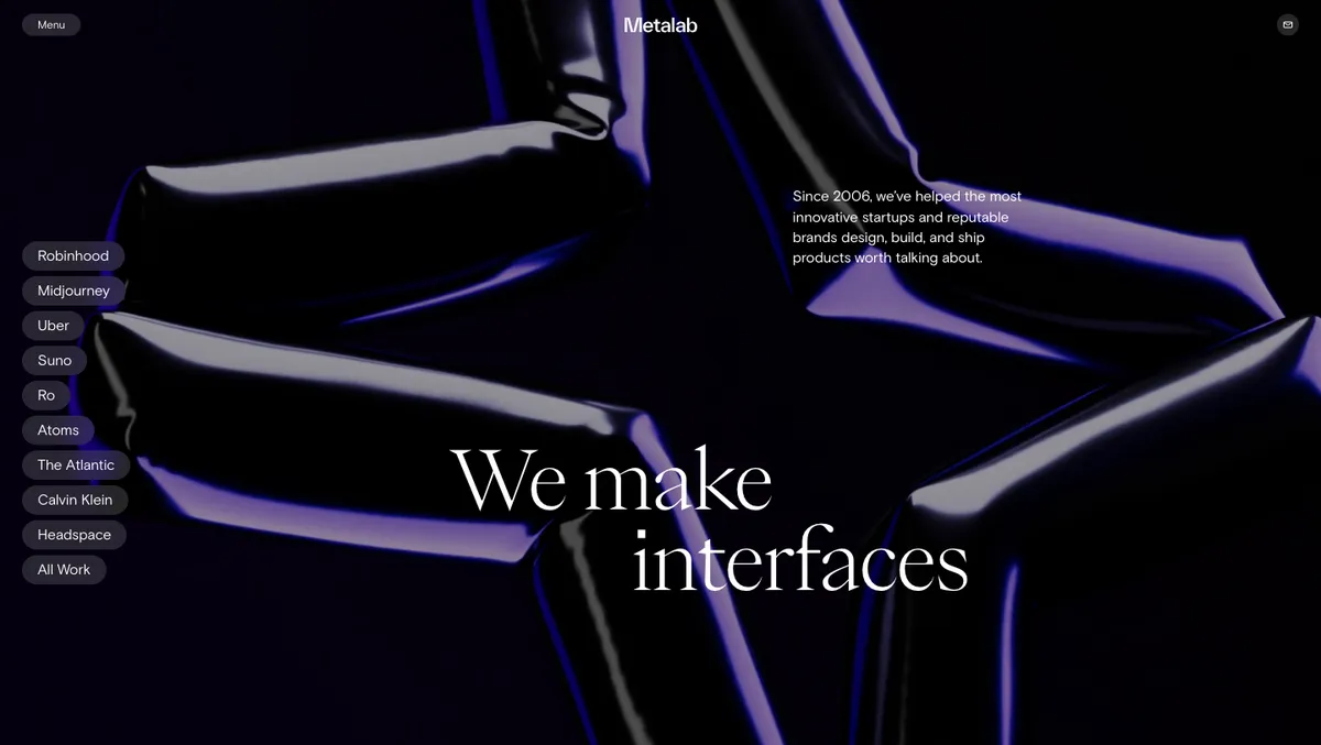 Metalab's homepage with the headline "We make interfaces" and a list of featured clients including Robinhood, Midjourney, Uber and Suno