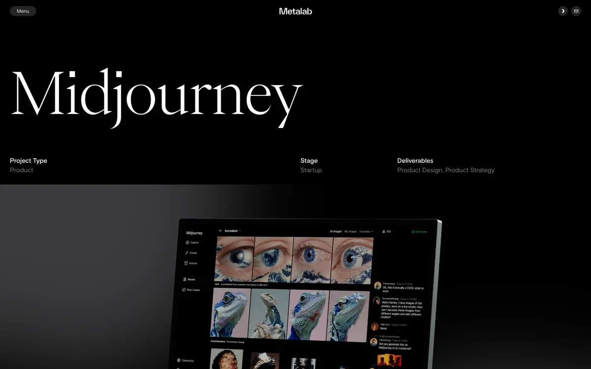 Metalab's Midjourney case study header listing the project type as Product, the stage as Startup and the deliverables as Product Design and Product Strategy