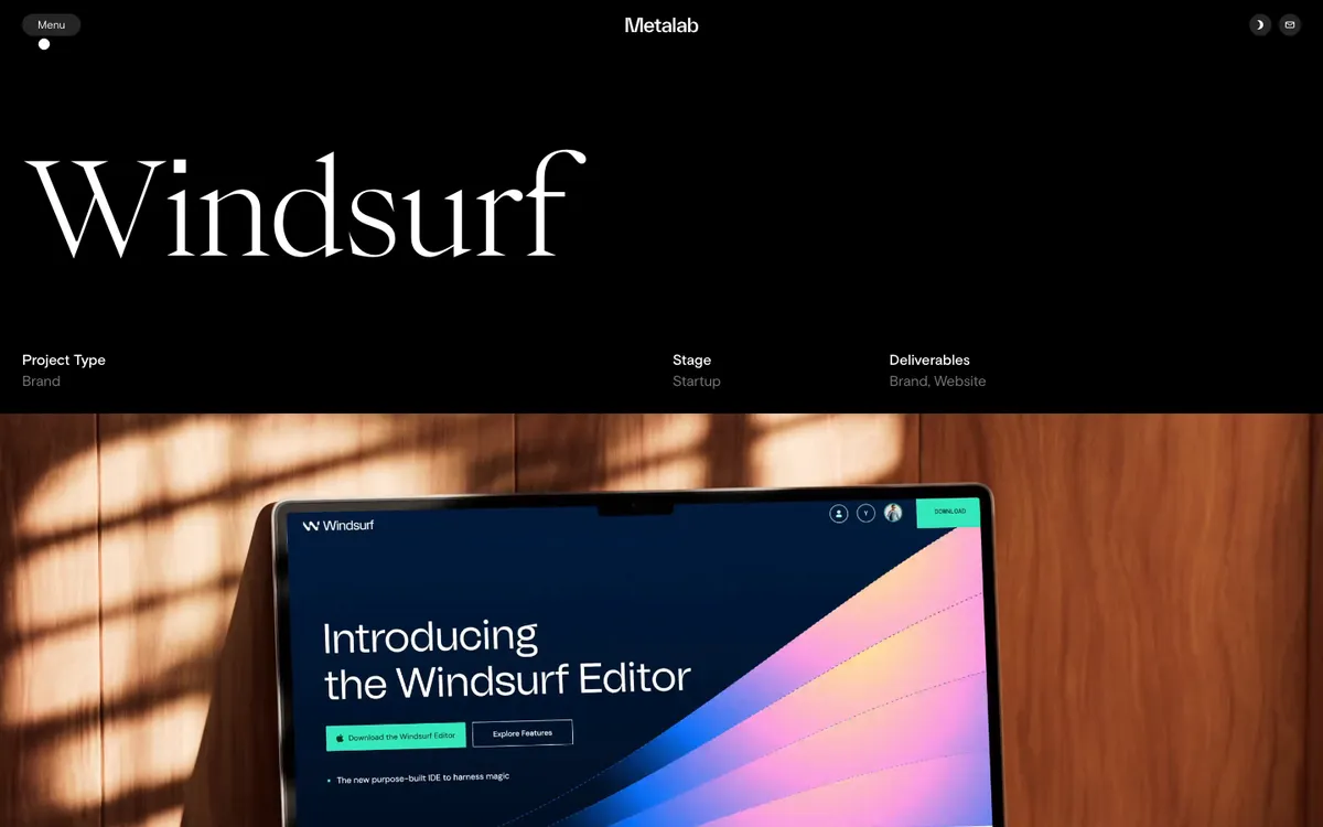 Metalab's Windsurf case study header listing the project type as Brand, the stage as Startup and the deliverables as Brand and Website
