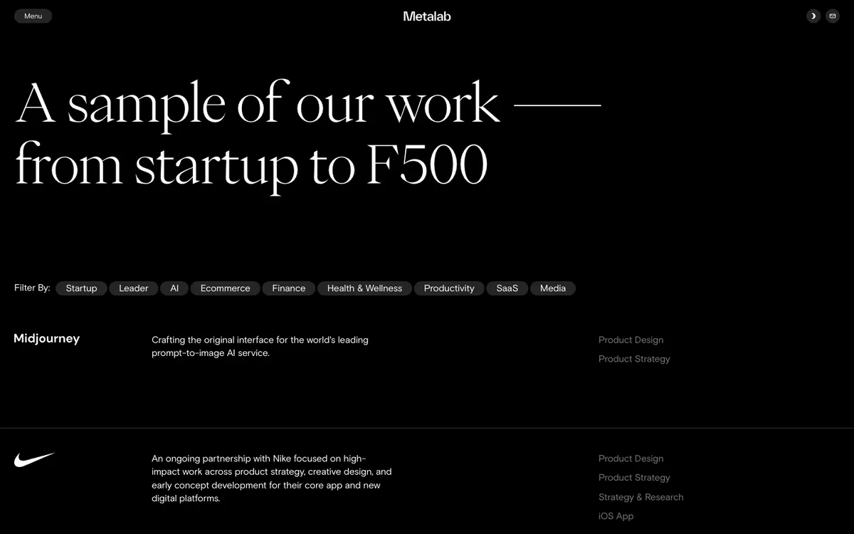Metalab's work page headed "A sample of our work, from startup to F500" with filters for Startup, AI, Finance, SaaS and more